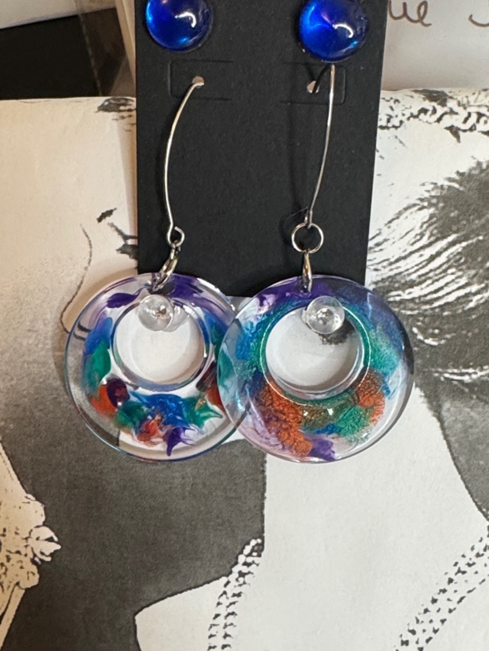 Handcrafted Multicolor Resin Hoop Drop Earrings - Blue, Green, Purple, Orange,